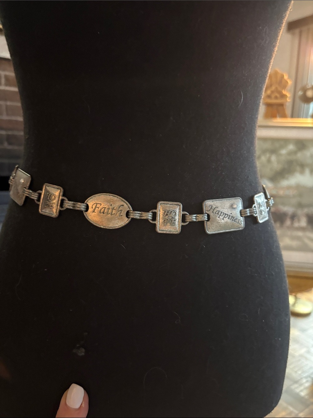 Vintage silver-tone engraved charm belt with Faith & Happiness